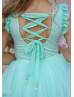 Seafoam Blue Tulle Gold Lace Corset Back Flower Girl Dress